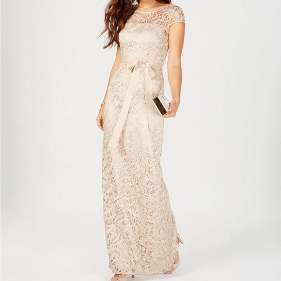 Adrianna Papell Lace with Waist Tie Long Gown - Picture 5 of 16